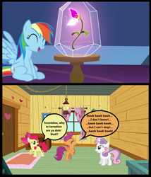 Size: 1270x1486 | Tagged: safe, edit, edited screencap, editor:scootabuser, screencap, apple bloom, rainbow dash, scootaloo, sweetie belle, earth pony, pegasus, pony, unicorn, g4, growing up is hard to do, abuse, behaving like a chicken, clubhouse, clucking, crusaders clubhouse, crying, cutie mark crusaders, female, filly, flower, laughing, mare, rainbow douche, scootabuse, scootachicken, wishing flower
