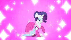 Size: 2000x1125 | Tagged: safe, screencap, rarity, pony, unicorn, g4, too many pinkie pies, alternate hairstyle, clothes, dress, female, lidded eyes, mare, mid-blink screencap, outfit catalog, pink background, raised hoof, simple background, smiling, sparkles
