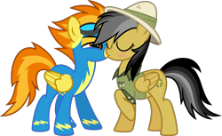 Size: 7000x4291 | Tagged: safe, alternate version, artist:n0kkun, daring do, spitfire, pegasus, pony, g4, bedroom eyes, blushing, clothes, daringfire, eyes closed, female, goggles, hat, kissing, lesbian, mare, raised hoof, shipping, shirt, show accurate, simple background, transparent background, uniform, wonderbolts, wonderbolts uniform