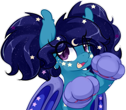 Size: 910x794 | Tagged: safe, artist:loyaldis, oc, oc only, oc:eclipsia, bat pony, pony, adorable face, bat wings, cat paws, chest fluff, cute, ear fluff, fangs, female, moon, ocbetes, open mouth, paws, pigtails, ponytail, simple background, smiling, solo, stars, transparent background, wings