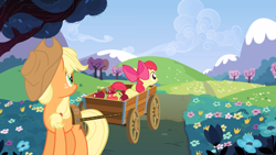 Size: 2000x1125 | Tagged: safe, screencap, apple bloom, applejack, earth pony, pony, g4, too many pinkie pies, apple, apple sisters, cart, cute, female, field, filly, flower, foal, food, hill, looking back, mare, scenery, siblings, sisters