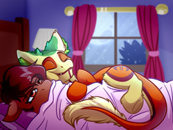 Size: 4000x3000 | Tagged: safe, artist:witchtaunter, oc, oc only, oc:non toxic, oc:penny, monster pony, original species, pony, tatzlpony, ah yes me my girlfriend and her x, bedroom, cuddling, cuddling in bed, spooning, unamused