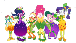 Size: 1280x720 | Tagged: safe, artist:victorfazbear, edit, edited screencap, screencap, fluttershy, pinkie pie, rainbow dash, rarity, sci-twi, sunset shimmer, twilight sparkle, equestria girls, equestria girls specials, g4, my little pony equestria girls: better together, my little pony equestria girls: holidays unwrapped, o come all ye squashful, background removed, carrot, corn, cornucopia costumes, eggplant sparkle, food, grapes, hat, inflatable, inflatable dress, ponytail, simple background, sun hat, transparent background