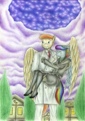 Size: 1600x2274 | Tagged: safe, artist:sinaherib, oc, oc:rainfall, oc:summer wind, pegasus, anthro, bridal carry, carrying, clothes, crying, female, male, offspring, parent:big macintosh, parent:fluttershy, parent:rainbow dash, parent:soarin', parents:fluttermac, parents:soarindash, traditional art