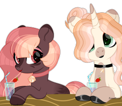 Size: 2500x2175 | Tagged: safe, artist:fuxebuxe, oc, oc:caramel dip, oc:cursed dessert, pony, unicorn, base used, high res, oc x oc, shipping, simple background, transparent background