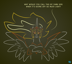 Size: 700x620 | Tagged: safe, artist:quint-t-w, daybreaker, alicorn, pony, g4, armor, atg 2020, crossed hooves, fangs, female, gradient background, looking at you, mane of fire, minimalist, modern art, newbie artist training grounds, solo, talking