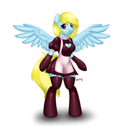 Size: 4000x4000 | Tagged: safe, artist:skairsy, oc, oc only, oc:cloud cuddler, pegasus, anthro, semi-anthro, unguligrade anthro, arm hooves, clothes, commission, cute, female, maid, pegasus oc, simple background, solo, spread wings, white background, wings, ych result