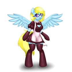 Size: 4000x4000 | Tagged: safe, alternate version, artist:skairsy, oc, oc only, oc:cloud cuddler, pegasus, anthro, semi-anthro, unguligrade anthro, accessory, arm hooves, clothes, commission, cute, female, glasses, maid, pegasus oc, simple background, solo, spread wings, white background, wings, ych result