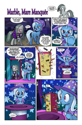 Size: 1268x1920 | Tagged: safe, artist:pencils, marble pie, trixie, earth pony, insect, moth, pony, unicorn, comic:marble mare manquee, g4, :t, blushing, butt, cape, clothes, comic, cute, dialogue, dress, duo, female, fishnets, flower, flower in hair, fourth wall, hat, implied death, implied murder, lip bite, marblebetes, mare, mouth hold, nervous, nervous sweat, now you fucked up, pickaxe, plot, speech bubble, stage, stockings, sweat, sweatdrops, sword, thigh highs, this will end in death, this will end in jail time, this will end in tears, this will end in tears and/or death, top hat, trixie's cape, trixie's hat, underhoof, weapon, witness