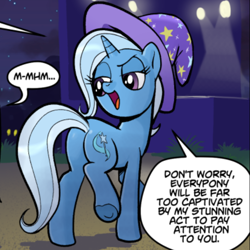 Size: 700x700 | Tagged: safe, artist:pencils, edit, trixie, pony, comic:marble mare manquee, g4, butt, clothes, cutie mark, dialogue, female, hat, narcissism, plot, solo, speech bubble, stage, the great and powerful ass, trixie's hat, walking