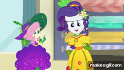 Size: 480x270 | Tagged: safe, artist:happaxgamma, screencap, fluttershy, rarity, equestria girls, equestria girls series, g4, holidays unwrapped, o come all ye squashful, spoiler:eqg series (season 2), animated, clothes, cord pulling, cornucopia costumes, female, food, gif, grapes, hat, inflatable, inflatable dress, inflating, inflation, makeagif.com, pullcord, pulling, skirt, skirt inflation, surprised