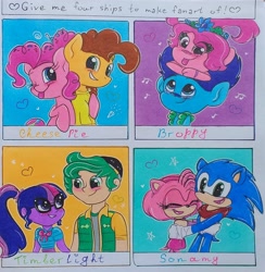 Size: 1990x2038 | Tagged: safe, alternate version, artist:nickyarts1, cheese sandwich, pinkie pie, sci-twi, timber spruce, twilight sparkle, earth pony, hedgehog, human, pony, troll (fantasy), anthro, equestria girls, g4, :p, amy rose, anthro with ponies, blushing, branch (trolls), broppy, clothes, crossover, eyes closed, female, four ships fanart, glasses, hairband, hat, hug, looking at each other, male, mare, one eye closed, open mouth, poppy help springwater, scarf, ship:cheesepie, shipping, sidehug, smiling, sonamy, sonic the hedgehog, sonic the hedgehog (series), stallion, straight, timbertwi, tongue out, traditional art, trolls, trolls world tour, vest, wink