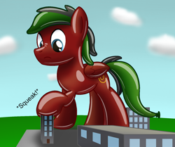 Size: 1484x1242 | Tagged: safe, artist:bladedragoon7575, oc, oc only, oc:crimson fall, balloon pony, inflatable pony, pegasus, pony, building, city, confused, giant pony, inflatable, macro, male, solo, squeak, stomping