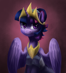 Size: 900x1000 | Tagged: safe, artist:ce2438, twilight sparkle, alicorn, pony, g4, alternate hairstyle, bust, clothes, crown, dress, female, jewelry, mare, peytral, regalia, solo, twilight sparkle (alicorn)