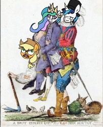 Size: 384x474 | Tagged: safe, artist:ce2438, edit, applejack, princess celestia, shining armor, alicorn, earth pony, human, pony, unicorn, g4, angry, cane, d:, eyes closed, female, hat, jewelry, male, mare, monocle, open mouth, ponies riding ponies, riding, smiling, stallion, tiara, top hat