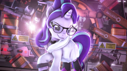 Size: 7680x4320 | Tagged: safe, artist:calveen, starlight glimmer, pony, unicorn, g4, 3d, 8k, absurd resolution, alternate hairstyle, aperture science, badass, boots, clothes, coat, collar, female, glasses, laboratory, mare, portal (valve), scientist, shoes, sign, smiling, solo, source filmmaker, welding