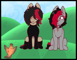 Size: 1340x1040 | Tagged: safe, artist:lazerblues, oc, oc only, oc:miss eri, oc:xtacy, bird, earth pony, pony, black and red mane, chest fluff, choker, clothes, duo, female, freckles, hair over eyes, hair over one eye, mare, shirt, socks, two toned mane