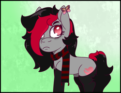 Size: 1320x1020 | Tagged: safe, artist:lazerblues, oc, oc only, oc:miss eri, butterfly, earth pony, pony, bags under eyes, black and red mane, clothes, scarf, socks, solo, thigh highs, two toned mane