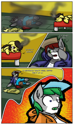 Size: 3574x6005 | Tagged: safe, artist:khaki-cap, oc, oc:khaki-cap, oc:tommy the human, alicorn, earth pony, pony, comic:magical mishaps, alicorn oc, bed, clothes, commissioner:bigonionbean, earth pony oc, food, furniture, horn, house, hue, jean thicc, lying on the ground, magic, oats, shrunken pupils, smoke, tail, tail hole, tired, uncle khaki, wings