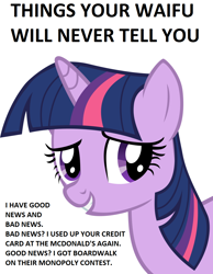 Size: 994x1283 | Tagged: safe, artist:the smiling pony, edit, twilight sparkle, pony, unicorn, g4, secret of my excess, bust, dialogue, female, inkscape, mare, portrait, reaction image, simple background, smiling, solo, unicorn twilight, vector, white background