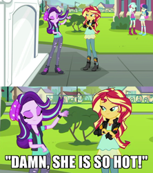 Size: 600x676 | Tagged: safe, edit, edited screencap, screencap, bon bon, lyra heartstrings, starlight glimmer, sunset shimmer, sweetie drops, equestria girls, equestria girls specials, g4, my little pony equestria girls: mirror magic, canterlot high, caption, cropped, crossed arms, fabulous, female, hair flip, image macro, lesbian, lidded eyes, meme, sexy, ship:shimmerglimmer, shipping, smiling, smirk, solo focus, text