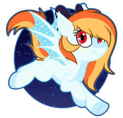 Size: 1516x1460 | Tagged: safe, artist:glassycolors, oc, oc:vega, bat pony, blue, bow, commission, female, flying, food, hair bow, mare, orange, pattern, red eyes, sharp teeth, simple background, sky, smiling, stars, teeth, transparent background, wings, ych result, yellow