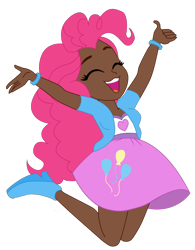 Size: 790x1011 | Tagged: safe, artist:incendiarymoth, pinkie pie, human, equestria girls, g4, belt, boots, bracelet, chubby, clothes, dark skin, eyes closed, female, happy, humanized, jacket, jewelry, open mouth, shirt, shoes, simple background, skirt, solo, t-shirt, transparent background, wristband