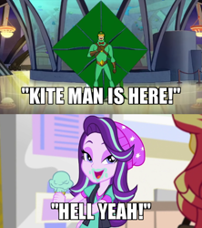 Size: 600x675 | Tagged: safe, edit, edited screencap, screencap, starlight glimmer, sunset shimmer, equestria girls, g4, mirror magic, spoiler:eqg specials, caption, clothes, cropped, food, harley quinn (2019), hell yeah!, ice cream, image macro, kite, kite-man, lidded eyes, text, that pony sure does love kites
