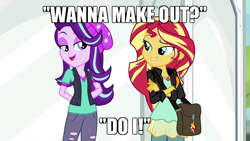 Size: 640x360 | Tagged: safe, edit, edited screencap, screencap, starlight glimmer, sunset shimmer, equestria girls, equestria girls specials, g4, my little pony equestria girls: mirror magic, caption, clothes, female, image macro, implied kissing, implied lesbian, kissing, lesbian, lidded eyes, making out, ship:shimmerglimmer, shipping, smiling, text, wondercolt statue