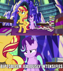 Size: 640x720 | Tagged: safe, edit, edited screencap, screencap, starlight glimmer, sunset shimmer, pony, unicorn, equestria girls, equestria girls specials, g4, my little pony equestria girls: mirror magic, bipedal, book, caption, cropped, cute, duo, female, frown, hooves on hips, horses doing human things, image macro, in the human world for too long, jealous, library, mare, meme, shimmerbetes, text, twilight's castle, twilight's castle library, unamused, x intensifies, zoomed in