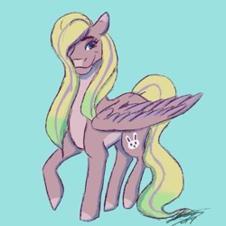 Size: 1079x1079 | Tagged: safe, artist:pastelkeys, fluttershy, pegasus, pony, g4, alternate cutie mark, colored hooves, female, hair over one eye, mare, raised hoof, redesign, signature, smiling, solo