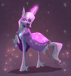 Size: 1293x1396 | Tagged: safe, artist:iheyyasyfox, trixie, pony, unicorn, g4, abstract background, female, glowing horn, horn, looking at you, magic, mare, raised hoof, raised leg, smiling, solo