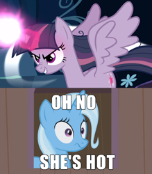Size: 500x570 | Tagged: safe, edit, edited screencap, screencap, mean twilight sparkle, trixie, alicorn, pony, g4, the mean 6, female, lesbian, oh no he's hot, ship:mean twixie, ship:twixie, shipping, shipping domino, squilliam returns