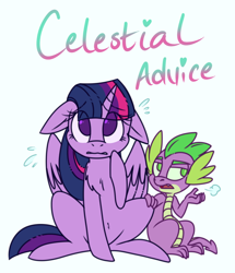 Size: 660x768 | Tagged: safe, artist:esmeia, spike, twilight sparkle, alicorn, dragon, pony, celestial advice, g4, chest fluff, duo, eye clipping through hair, female, floppy ears, looking up, male, mare, nervous, open mouth, simple background, sitting, twilight sparkle (alicorn), white background