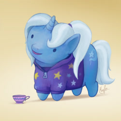 Size: 1719x1719 | Tagged: safe, artist:magfen, trixie, pony, unicorn, g4, alternate hairstyle, babysitter trixie, chibi, clothes, cup, female, hoodie, solo, teacup