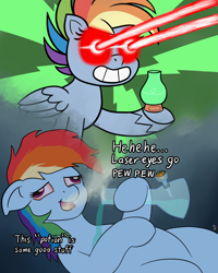 Size: 1200x1500 | Tagged: safe, artist:mkogwheel, rainbow dash, pegasus, pony, g4.5, my little pony: pony life, the best of the worst, bong, crush kill destroy swag, derp, drugs, duo, eye beams, female, high, high as fuck, mare, marijuana, potion, rainbow derp, stoned