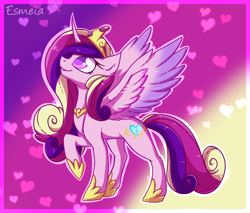 Size: 950x810 | Tagged: safe, artist:esmeia, princess cadance, alicorn, pony, g4, abstract background, cute, cutedance, female, heart, hoof shoes, jewelry, looking up, mare, peytral, raised hoof, smiling, solo, tiara