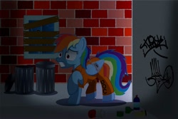 Size: 1095x730 | Tagged: safe, artist:spellboundcanvas, rainbow dash, pegasus, pony, g4, bound wings, brick wall, clothes, escape, female, graffiti, gritted teeth, jumpsuit, nervous, prison outfit, prisoner, prisoner rd, restraints, scared, solo, trash, trash can, trash can lid, wing cuffs, wings