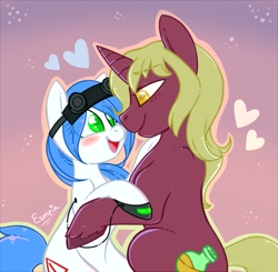 Size: 939x920 | Tagged: safe, artist:esmeia, oc, oc only, oc:flask, oc:mal, earth pony, pony, unicorn, blushing, earth pony oc, female, goggles, heart, horn, male, oc x oc, open mouth, shipping, signature, smiling, straight, unicorn oc