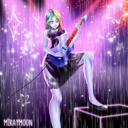 Size: 1600x1600 | Tagged: safe, artist:miraymoon, rainbow dash, equestria girls, black dress, black shoes, clothes, commission, commissioner:ajnrules, concert, dress, electric guitar, female, flats, guitar, little black dress, musical instrument, playing guitar, rain, rainbow dash always dresses in style, shoes, solo, stagelights, starry background, wet clothes, wet dress, ych result