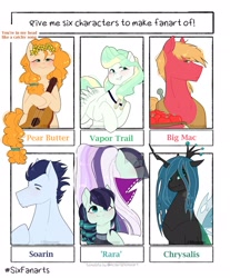 Size: 1693x2048 | Tagged: safe, artist:shinningblossom12, big macintosh, coloratura, pear butter, queen chrysalis, soarin', vapor trail, changeling, changeling queen, earth pony, pegasus, pony, g4, apple, bust, clothes, countess coloratura, duality, female, floral head wreath, flower, food, guitar, horse collar, jewelry, male, mare, musical instrument, necklace, see-through, six fanarts, smiling, stallion, unshorn fetlocks, veil