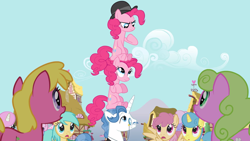Size: 2000x1125 | Tagged: safe, screencap, cherry berry, daisy, dizzy twister, fancypants, flower wishes, lemon hearts, orange swirl, pinkie pie, sunshower raindrops, earth pony, pegasus, pony, unicorn, g4, season 3, too many pinkie pies, bowler hat, clone, female, frown, hat, looking up, male, mare, monocle, pinkie clone, pointing at self, pony pile, sitting on head, stallion, tower of pony