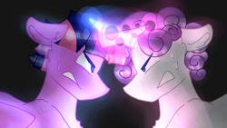 Size: 2560x1440 | Tagged: safe, alternate version, artist:shinningblossom12, twilight sparkle, oc, oc:alex, oc:silver sparkle, alicorn, pony, unicorn, g4, alicorn oc, angry, bust, chest fluff, colored, crossed horns, glowing horn, gritted teeth, horn, horns are touching, male, not twilight sparkle, parent:rarity, parent:twilight sparkle, stallion, sweat, twilight sparkle (alicorn), unicorn oc, wings