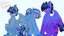 Size: 2560x1440 | Tagged: safe, artist:shinningblossom12, oc, oc only, oc:casanova, oc:fairy glitter, oc:meadow waves, bat pony, pegasus, pony, :p, bat pony oc, bat wings, brothers, chest fluff, colored hooves, ear piercing, earring, eyebrows, eyebrows visible through hair, forked tongue, grin, jewelry, male, pegasus oc, piercing, siblings, simple background, smiling, stallion, text, tongue out, wings