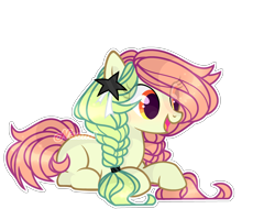 Size: 3144x2384 | Tagged: safe, artist:mint-light, oc, oc only, earth pony, pony, braid, earth pony oc, eye clipping through hair, hairclip, high res, open mouth, prone, simple background, smiling, solo, transparent background