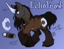 Size: 4283x3264 | Tagged: safe, artist:bagelbytes, oc, oc:echofrost, pony, unicorn, augmented horn, horn, long feather, long mane, reference sheet, short tail