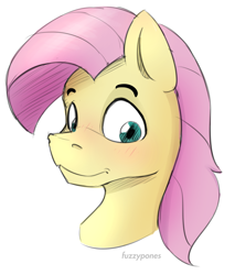 Size: 876x1026 | Tagged: safe, artist:fuzzypones, fluttershy, pegasus, pony, g4, blushing, bust, butterscotch, male, rule 63, solo