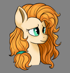 Size: 1395x1464 | Tagged: safe, artist:iron curtain, pear butter, earth pony, pony, g4, bust, female, gray background, mare, portrait, simple background, solo
