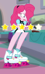 Size: 1080x1777 | Tagged: safe, edit, edited screencap, screencap, pinkie pie, equestria girls, five stars, g4, my little pony equestria girls: better together, cellphone, coffee, customer rating, deleted scene, female, flat tire, four stars, phone, roller skates, server pinkie pie, smartphone, solo, wat, what has science done
