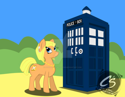 Size: 1024x792 | Tagged: safe, artist:adhiguna, artist:johnathon-matthews, doctor whooves, time turner, earth pony, pony, g4, crossover, deviantart watermark, doctor who, female, jodie whittaker, mare, obtrusive watermark, ponified, solo, tardis, the doctor, thirteenth doctor, watermark